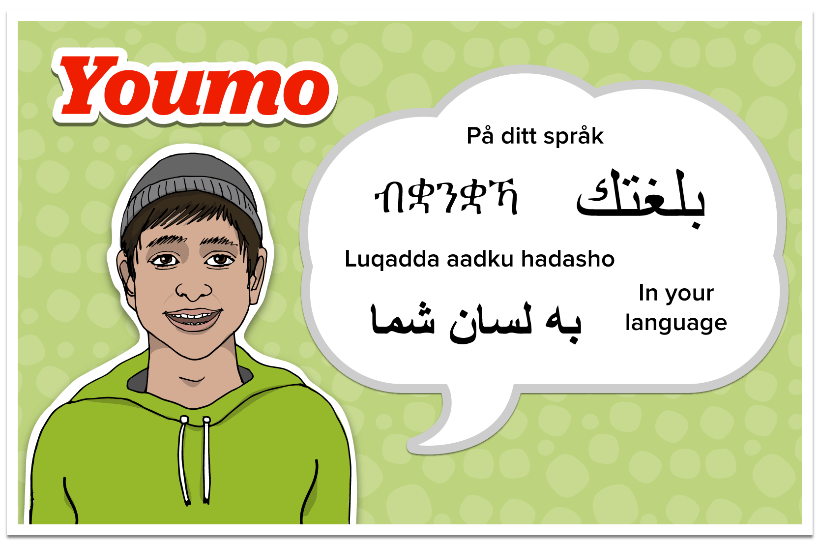 En glad kille, Youmo loggan och en pratbubbla med texten: 